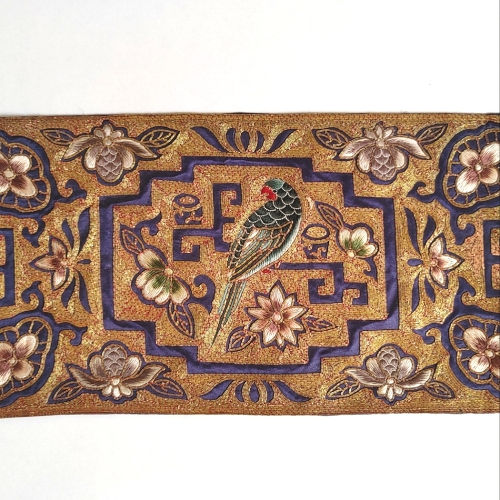 Asian Fabric Art Silk w Gold Thread Parrot 12 × 6 Inches